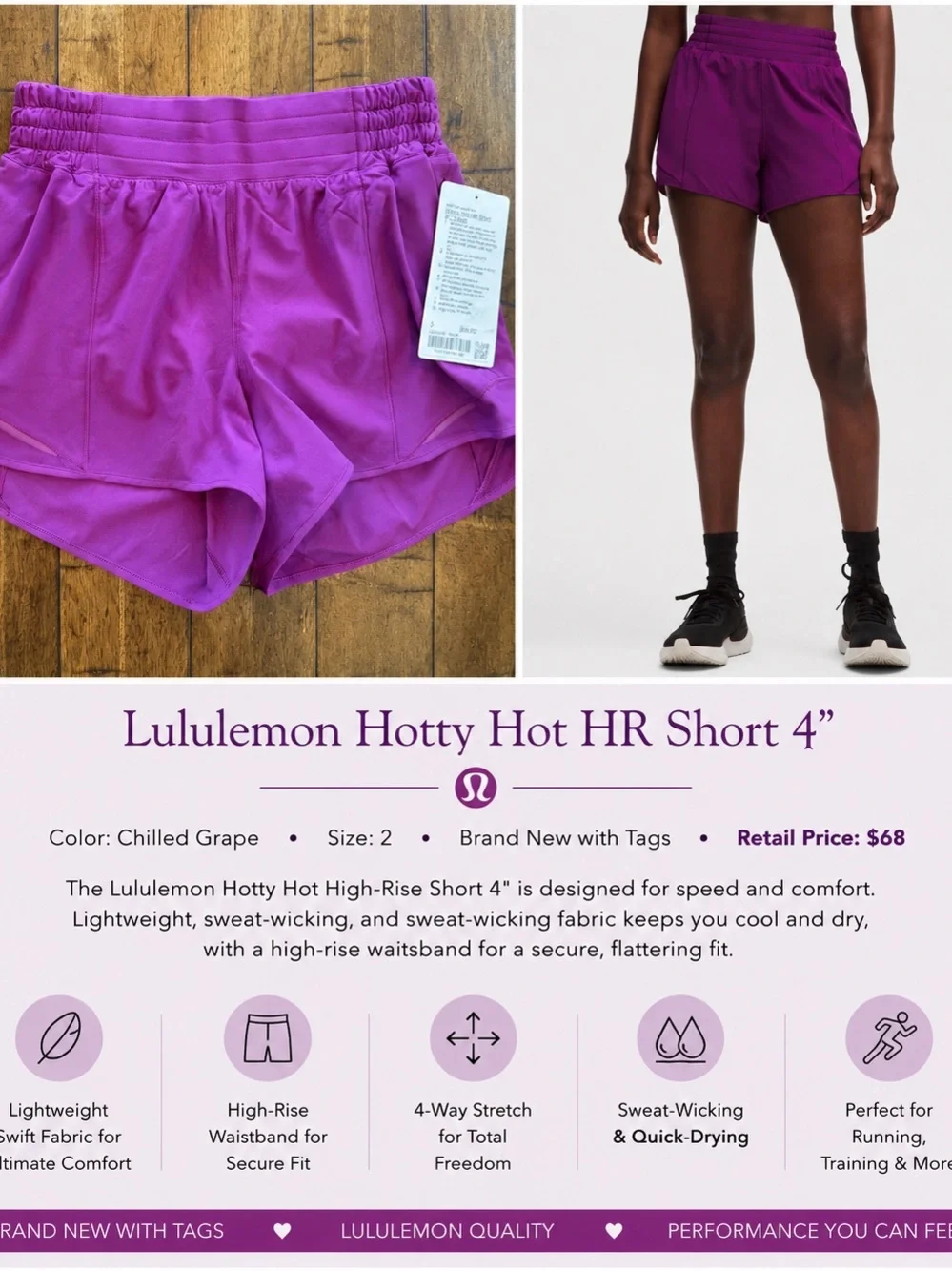 Lululemon Hotty Hot High-Rise Shorts 4” | Size 2 | Chilled Grape | Brand New NWT - Picture 9 of 9